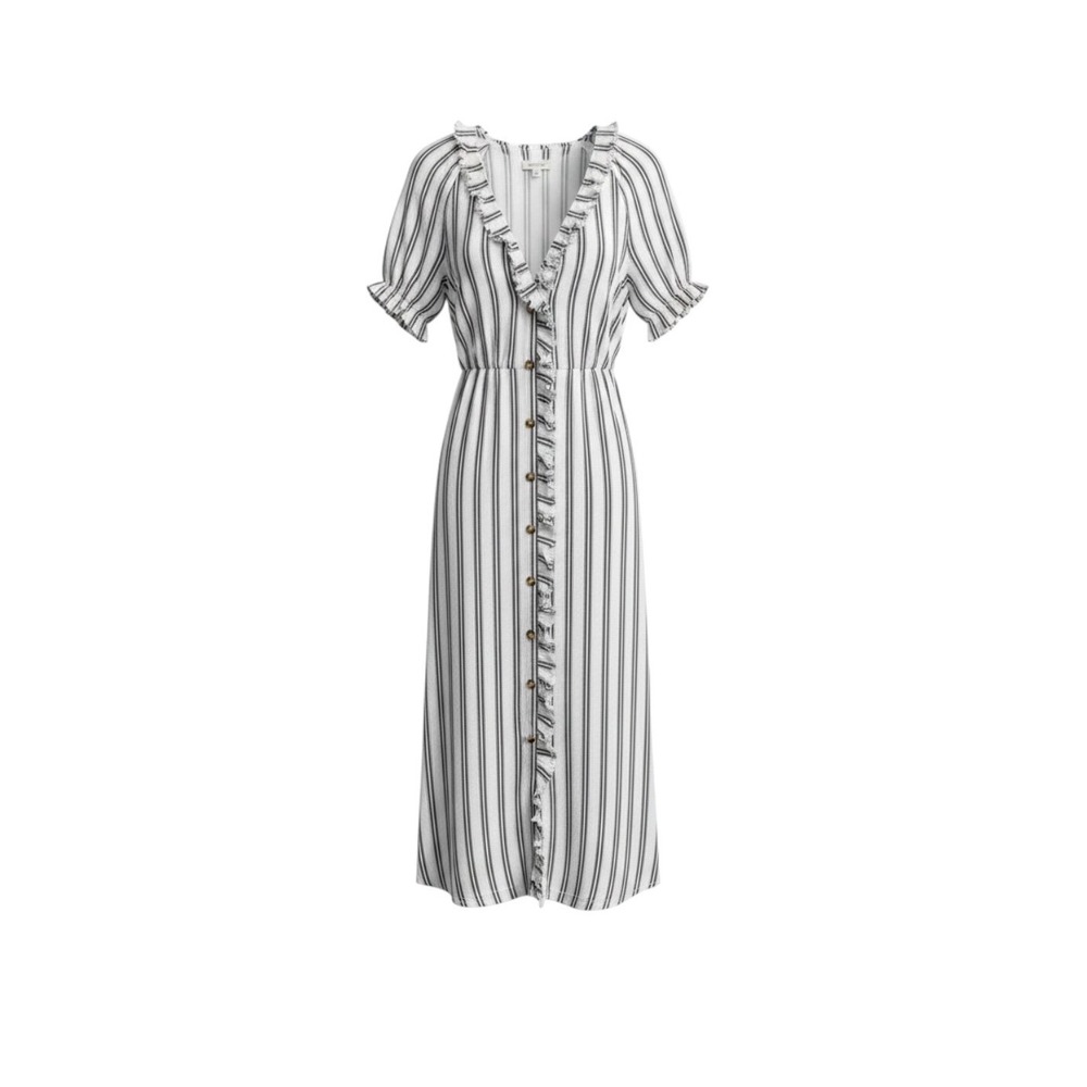 Anthropologie Pilcro Striped Linen Blend Ruffle Midi Dress White Black Size 4